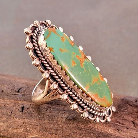 Vintage Navajo Beaded Large Oval Royston Turquoise Statement Ring - Picture 8 of 13